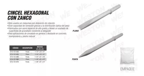 Cincel plano Hexagonal para demoledor neumatico 1-1/4" Weston ST-5-151-855