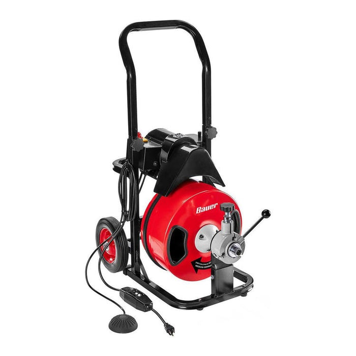 Destapador de drenajes con sonda elevtrica de 50ft, mando reversible marca Bauer.