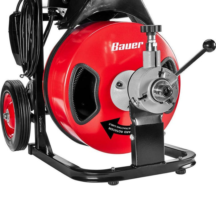 Destapador de drenajes con sonda elevtrica de 50ft, mando reversible marca Bauer.